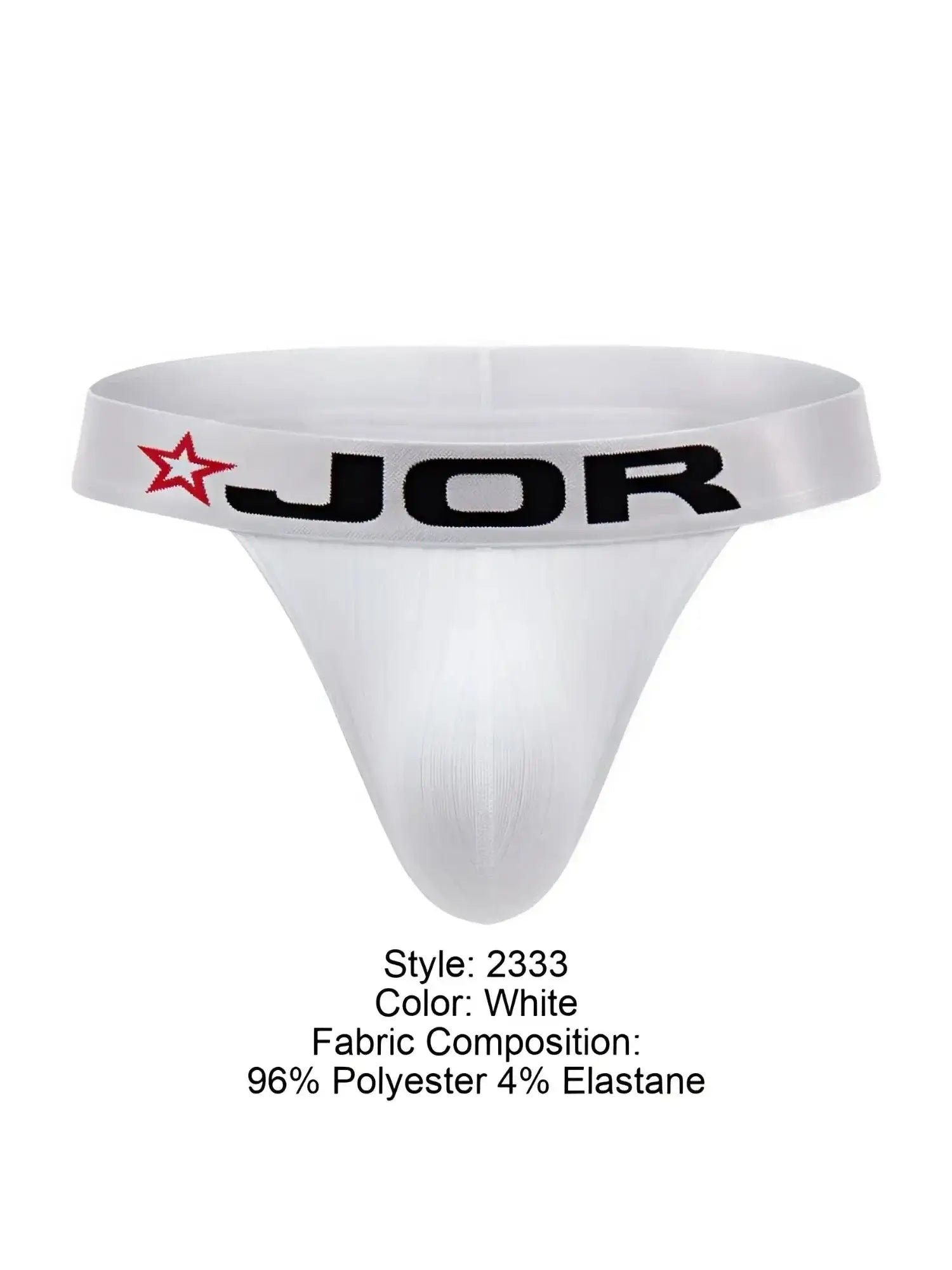 Front view of white JOR 2333 Cronos thong with logo waistband.