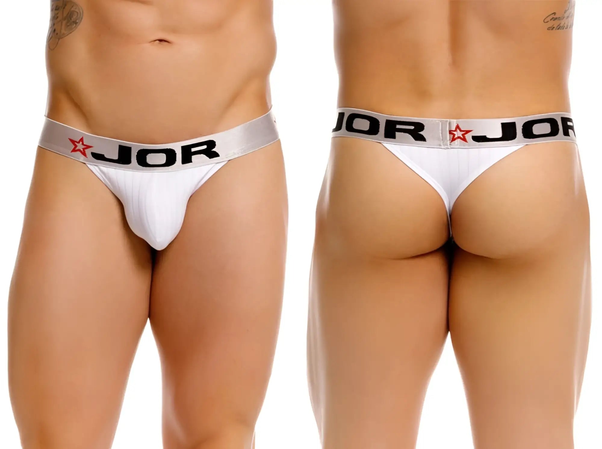 JOR 2333 Cronos thong in white, showing front and back views on a male model.