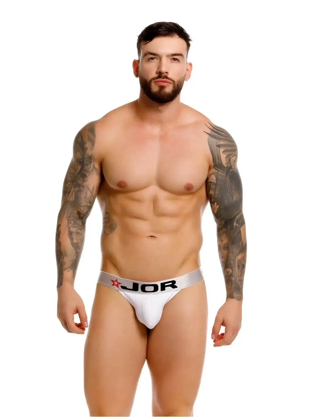 Front view of a model wearing JOR 2333 Cronos white thong underwear.