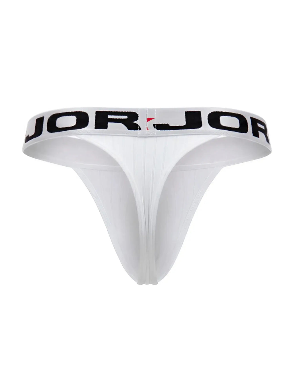 Front view of the white JOR 2333 Cronos thong with a logo waistband.