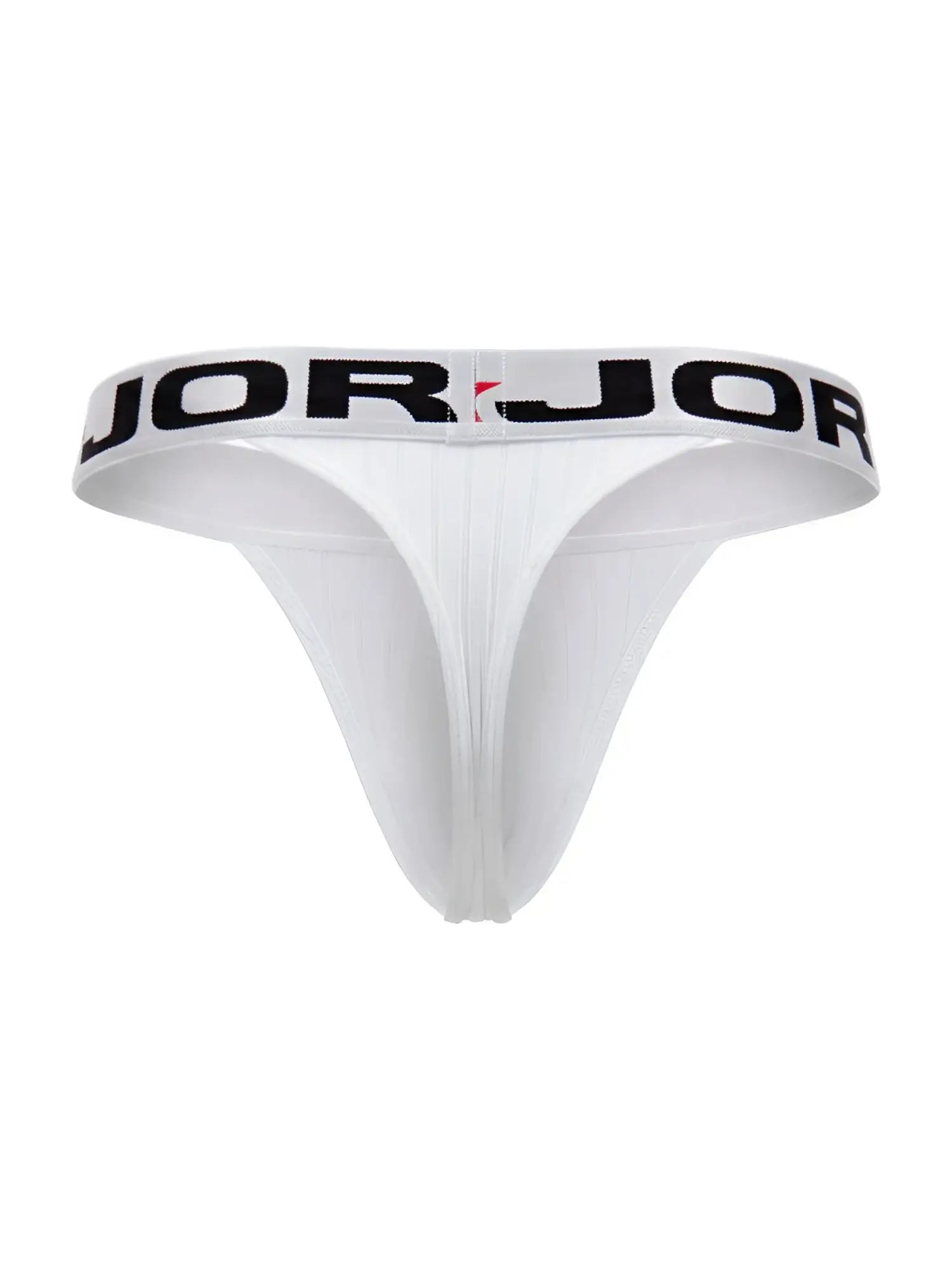 Front view of the white JOR 2333 Cronos thong with a logo waistband.