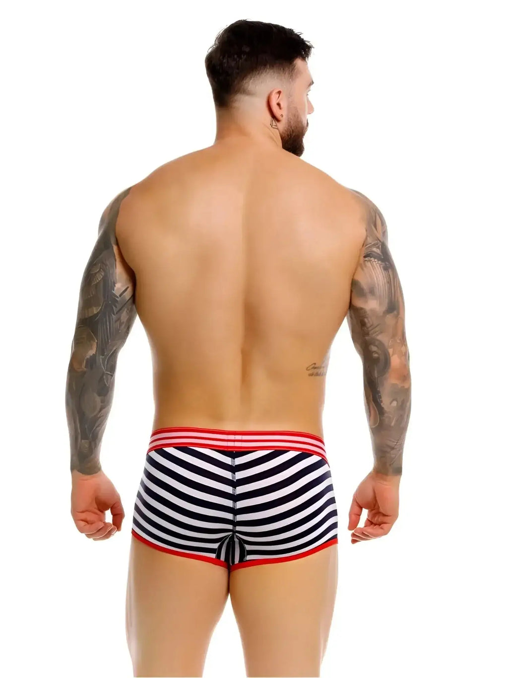 Back view of JOR 2334 Santorini striped trunks in blue and white.