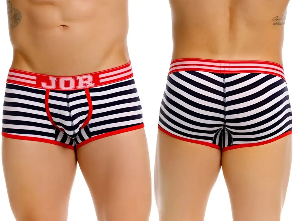JOR 2334 Santorini striped trunks in navy and white with red trim, front and back view.