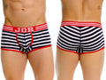 JOR 2334 Santorini striped trunks in navy and white with red trim, front and back view.