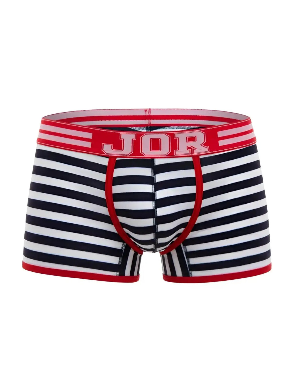 Front view of JOR 2334 Santorini striped boxer trunks in blue and white with a red logo waistband.