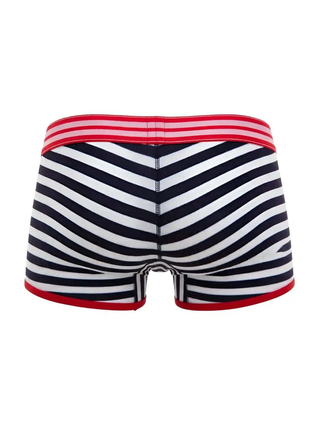 JOR 2334 Santorini striped trunks in navy and white, back view with red waistband and leg trim.