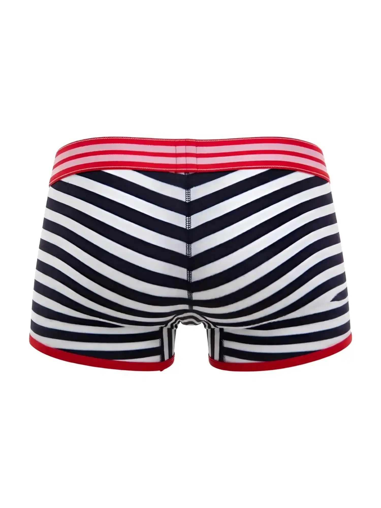 JOR 2334 Santorini striped trunks in navy and white, back view with red waistband and leg trim.