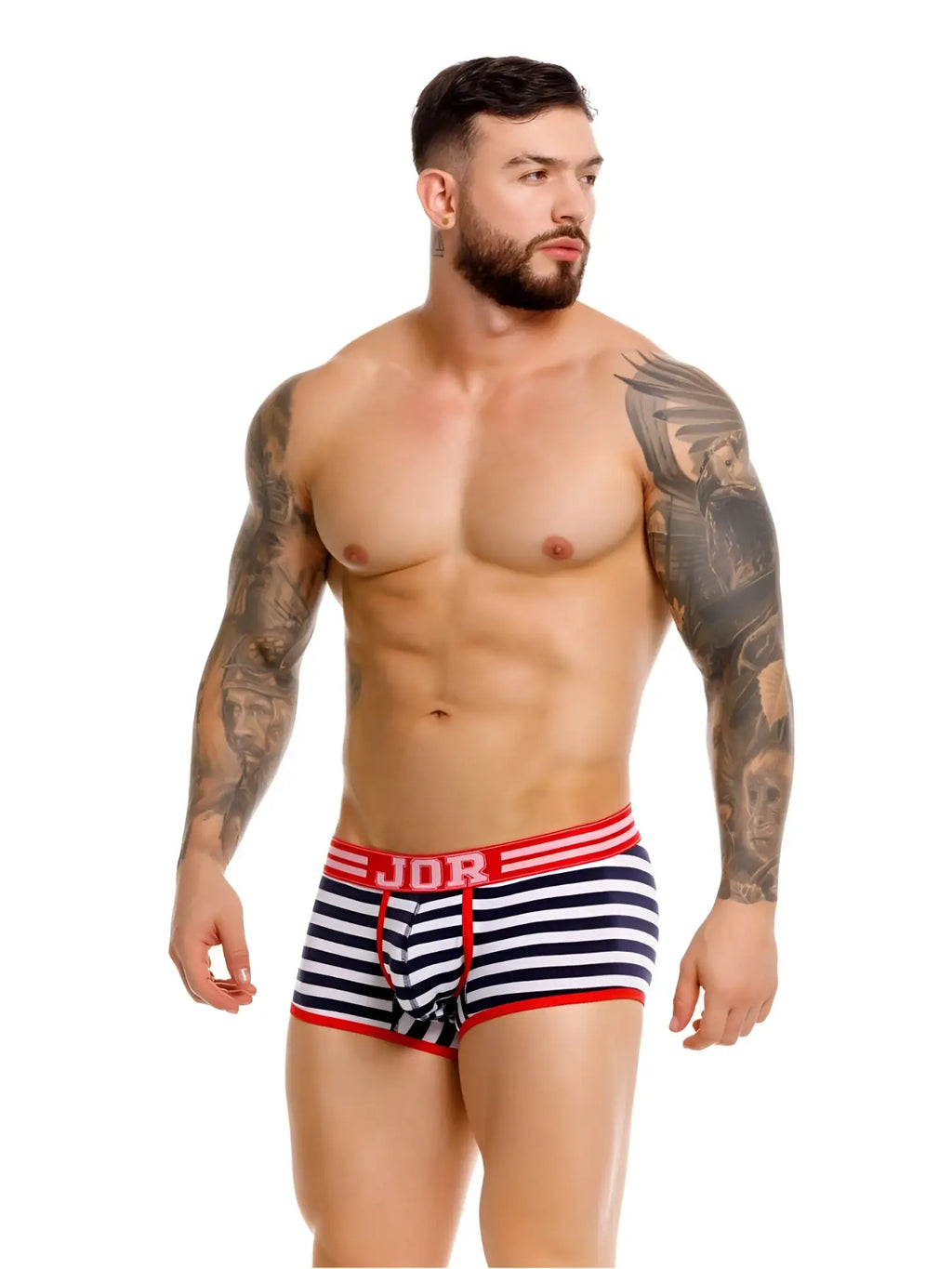Front view of JOR 2334 Santorini striped trunks in blue and white on a male model.
