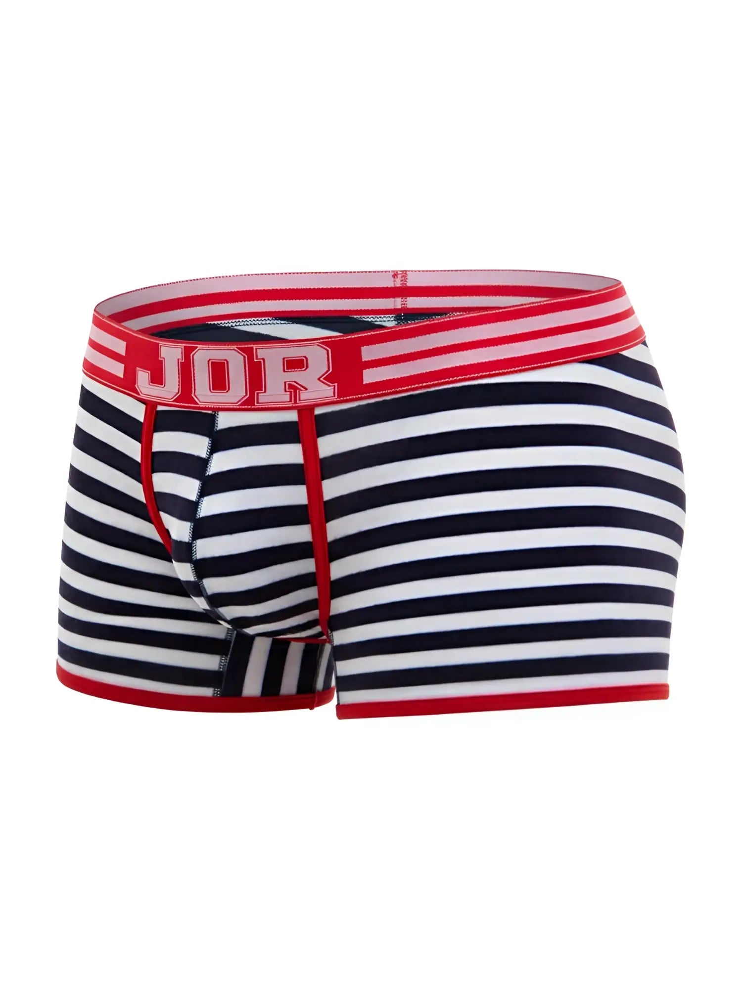 Front view of JOR 2334 Santorini striped boxer trunks in navy and white with red logo waistband.