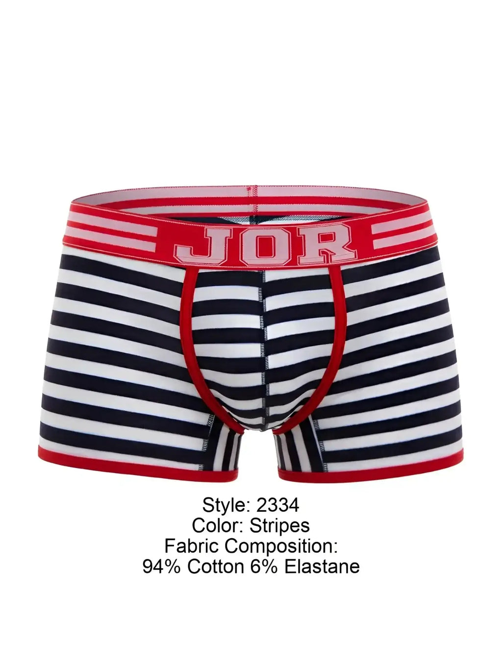Front view of JOR 2334 Santorini striped trunks in navy and white with a red logo waistband.