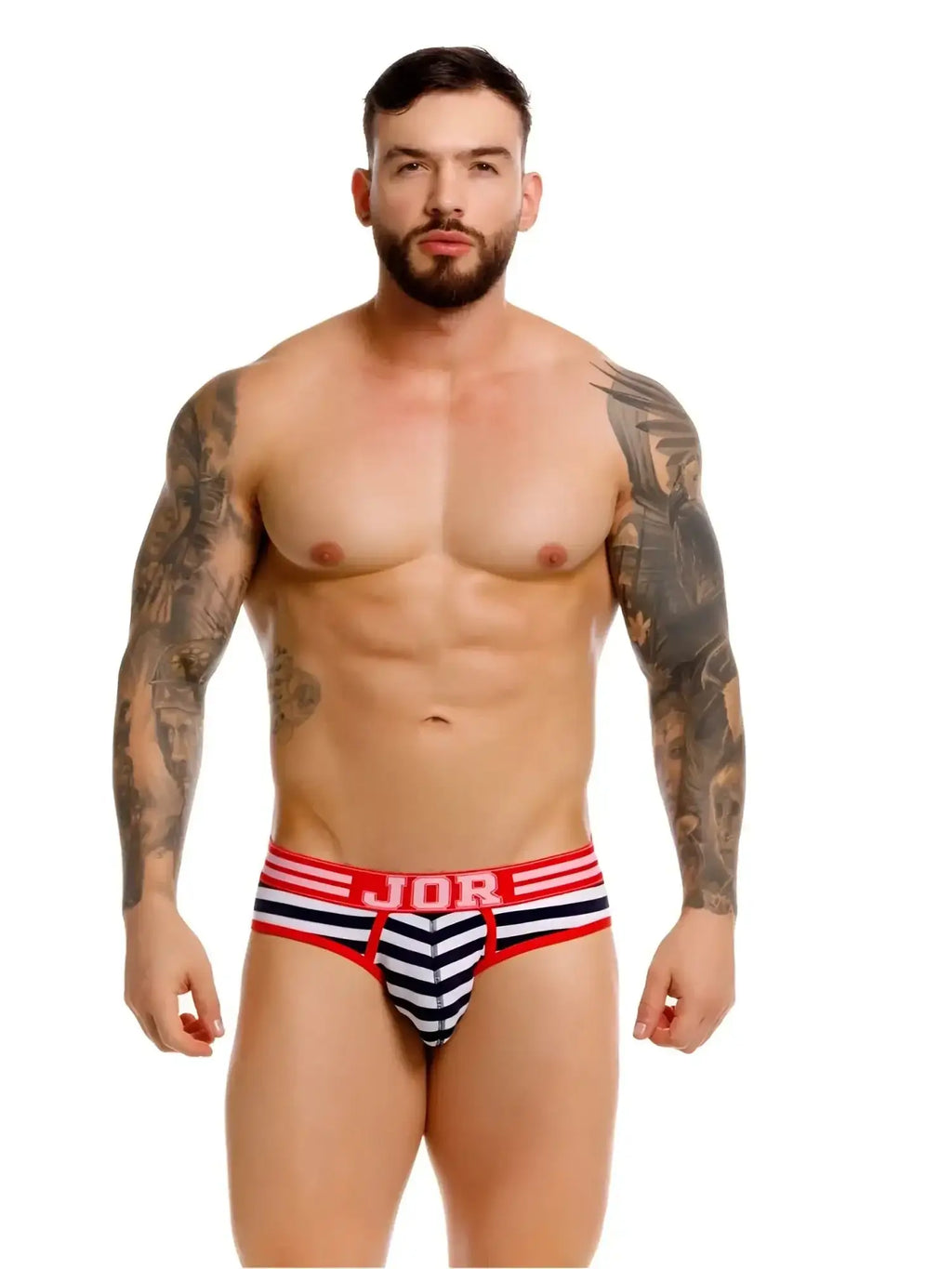 Front view of a model wearing JOR 2335 Santorini briefs in blue and white stripes with red trim.