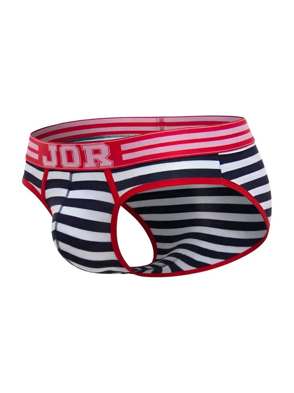 JOR 2335 Santorini stripe briefs in white and navy with red trim, shown in a studio product view.