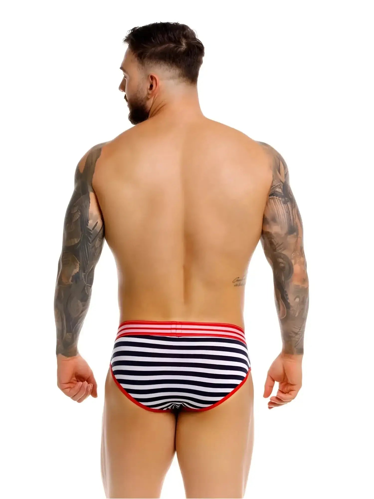 JOR 2335 Santorini stripe briefs in white and navy, back view on a muscular model.