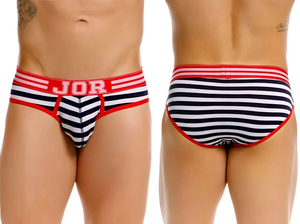 Front and back view of JOR 2335 Santorini striped briefs in white, navy, and red.
