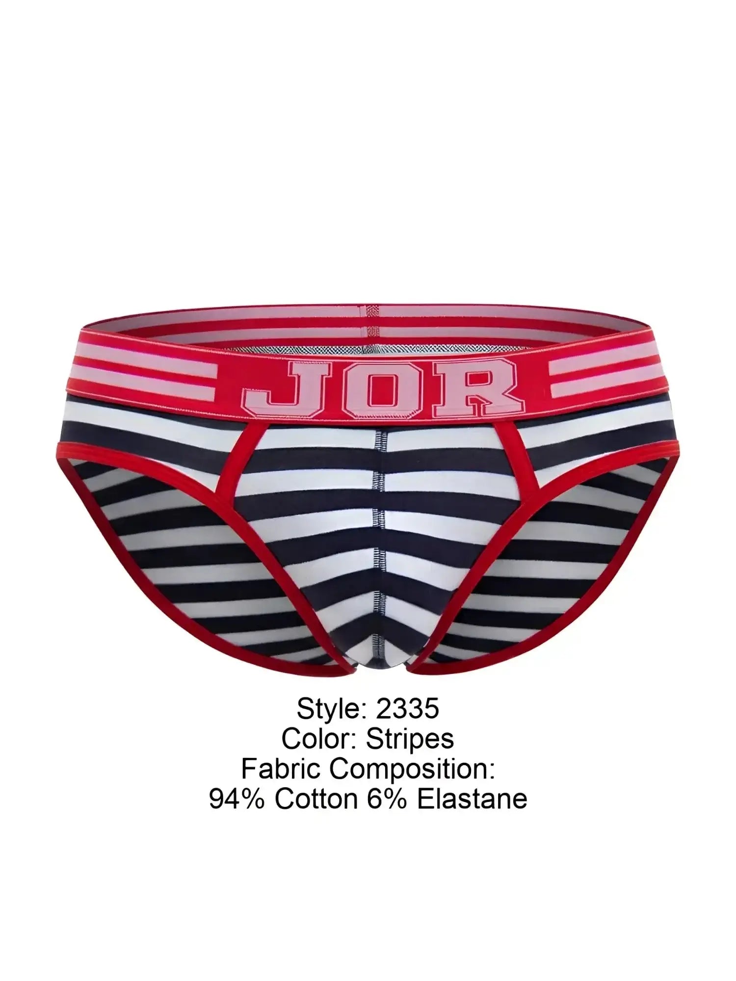 JOR 2335 Santorini briefs in stripes, front view studio shot.
