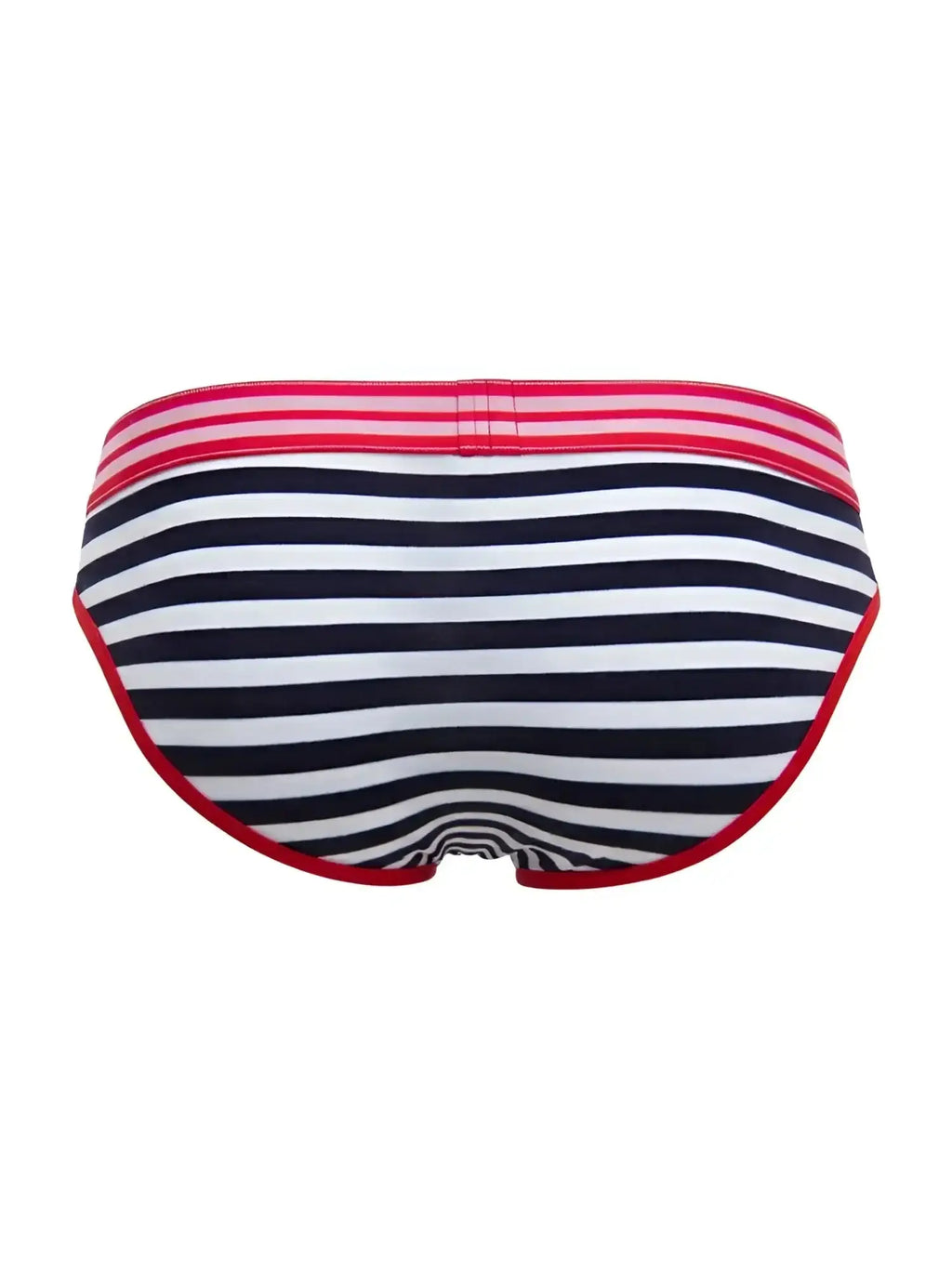 Back view of JOR 2335 Santorini striped briefs in navy and white with a red waistband.