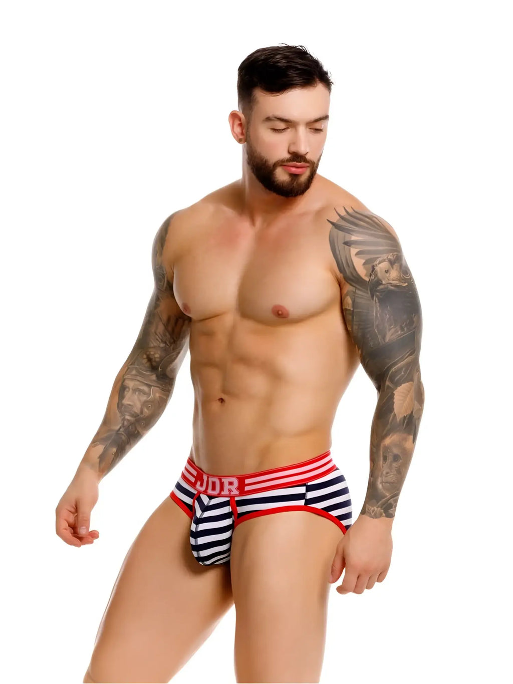 JOR 2335 Santorini briefs in stripe print. Model wearing the underwear, front view.