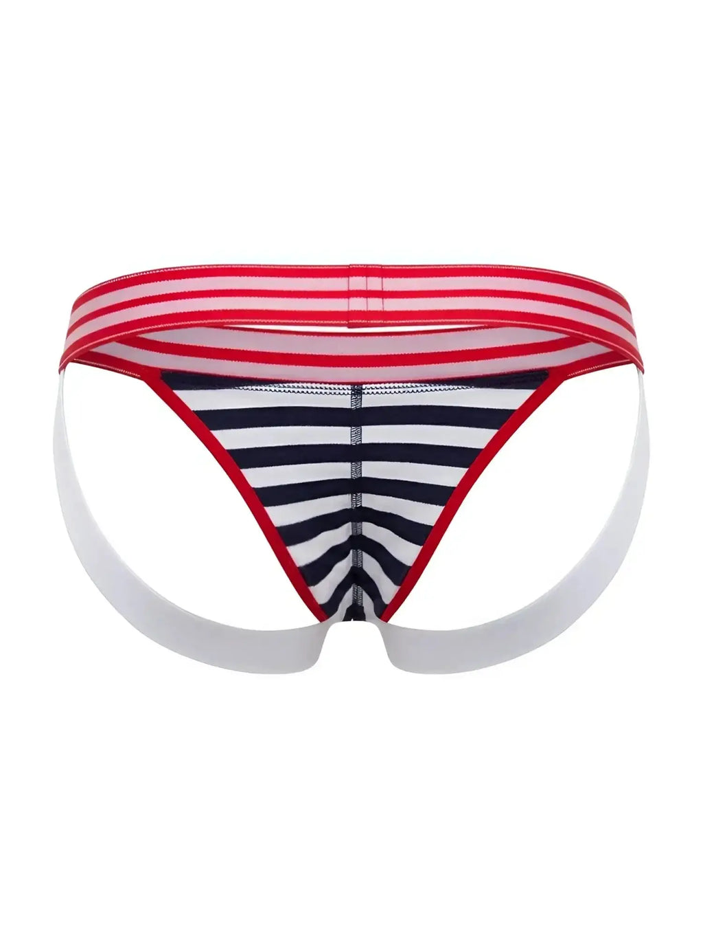 Back view of JOR 2336 Santorini striped jockstrap in navy and white with red waistband.