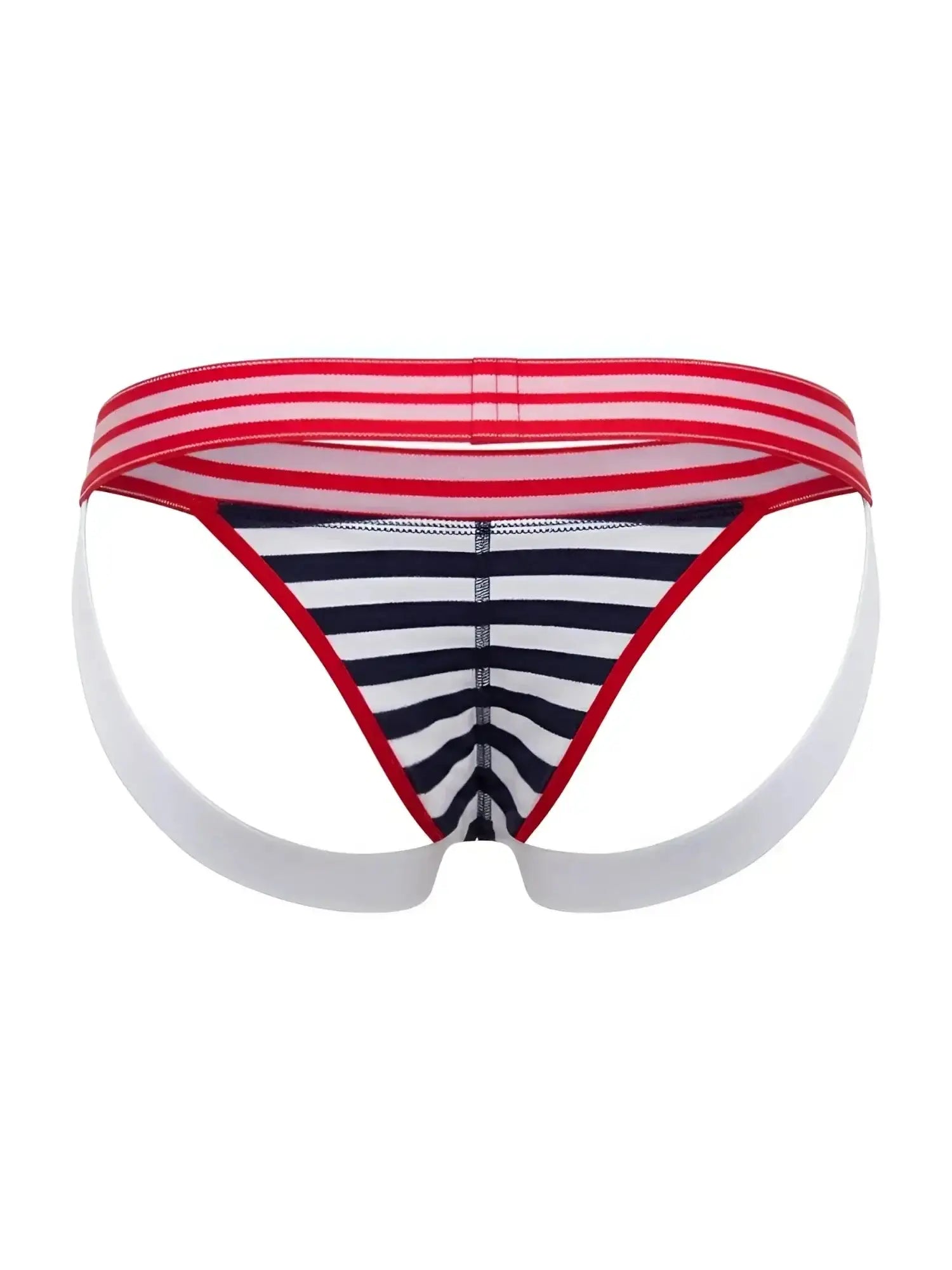 Back view of JOR 2336 Santorini striped jockstrap in navy and white with red waistband.