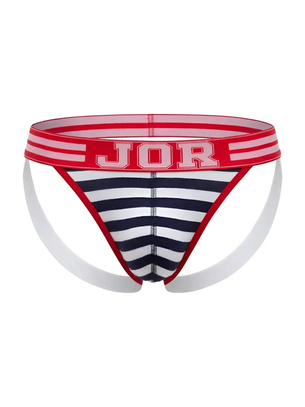 Front view of the JOR 2336 Santorini jockstrap in navy and white stripes with a red branded waistband.
