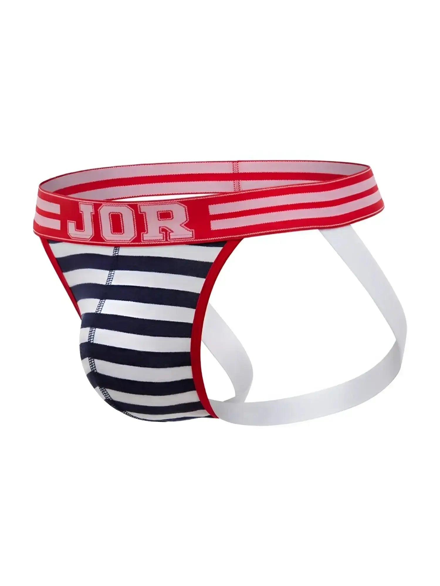JOR 2336 Santorini jockstrap in blue and white stripes with a red logo waistband, shown in a studio product view.