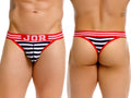 Men’s navy and white striped thong with red and pink striped elastic waistband, featuring bold JOR logo branding.