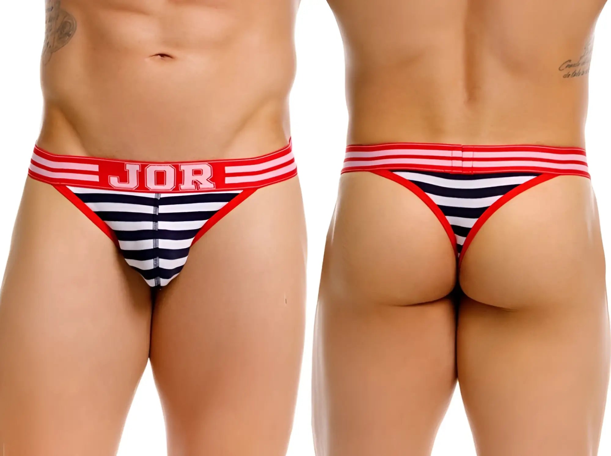 Men’s navy and white striped thong with red and pink striped elastic waistband, featuring bold JOR logo branding.