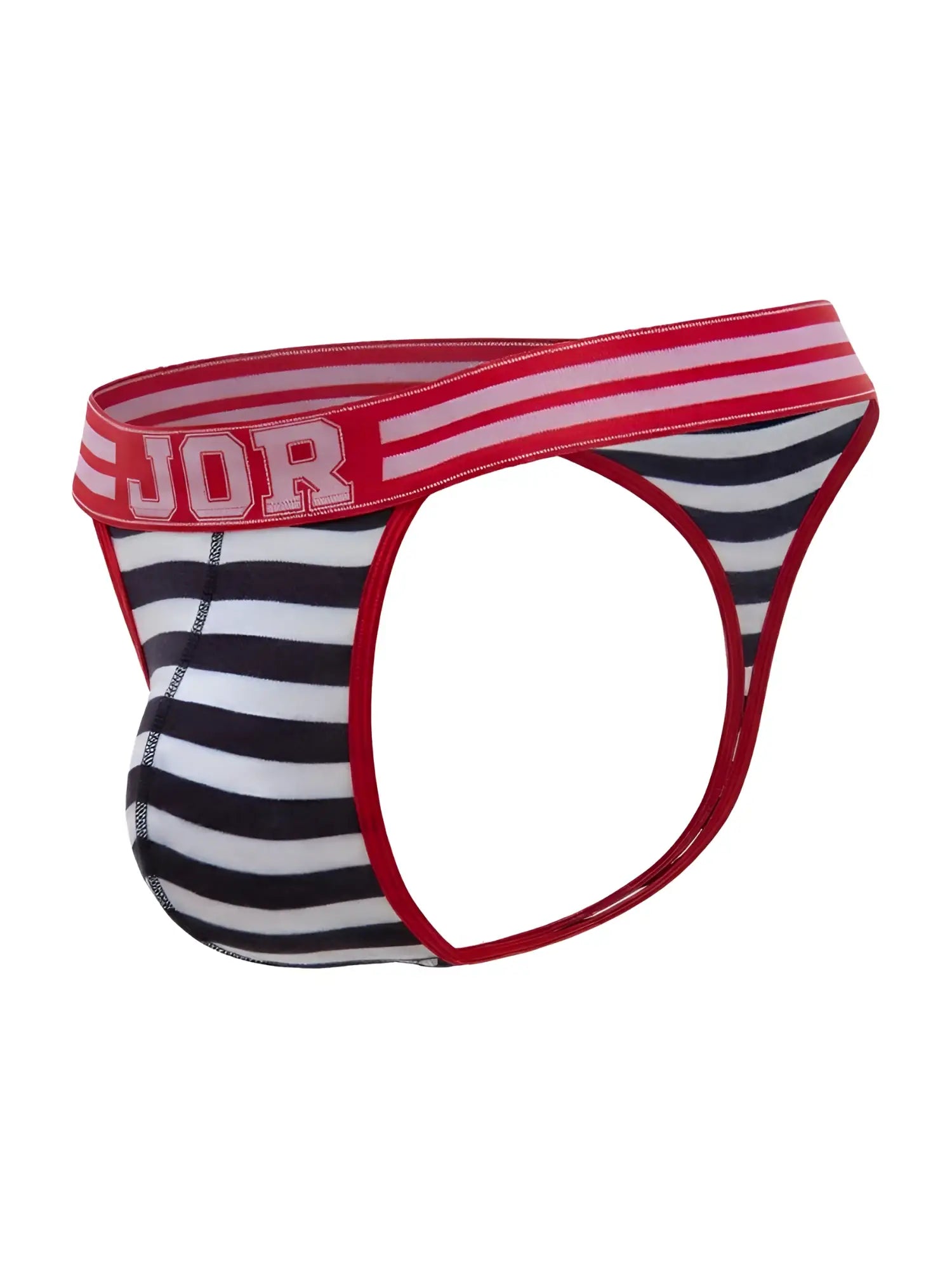 Front view of JOR 2337 Santorini thong in striped pattern with a red JOR branded waistband.