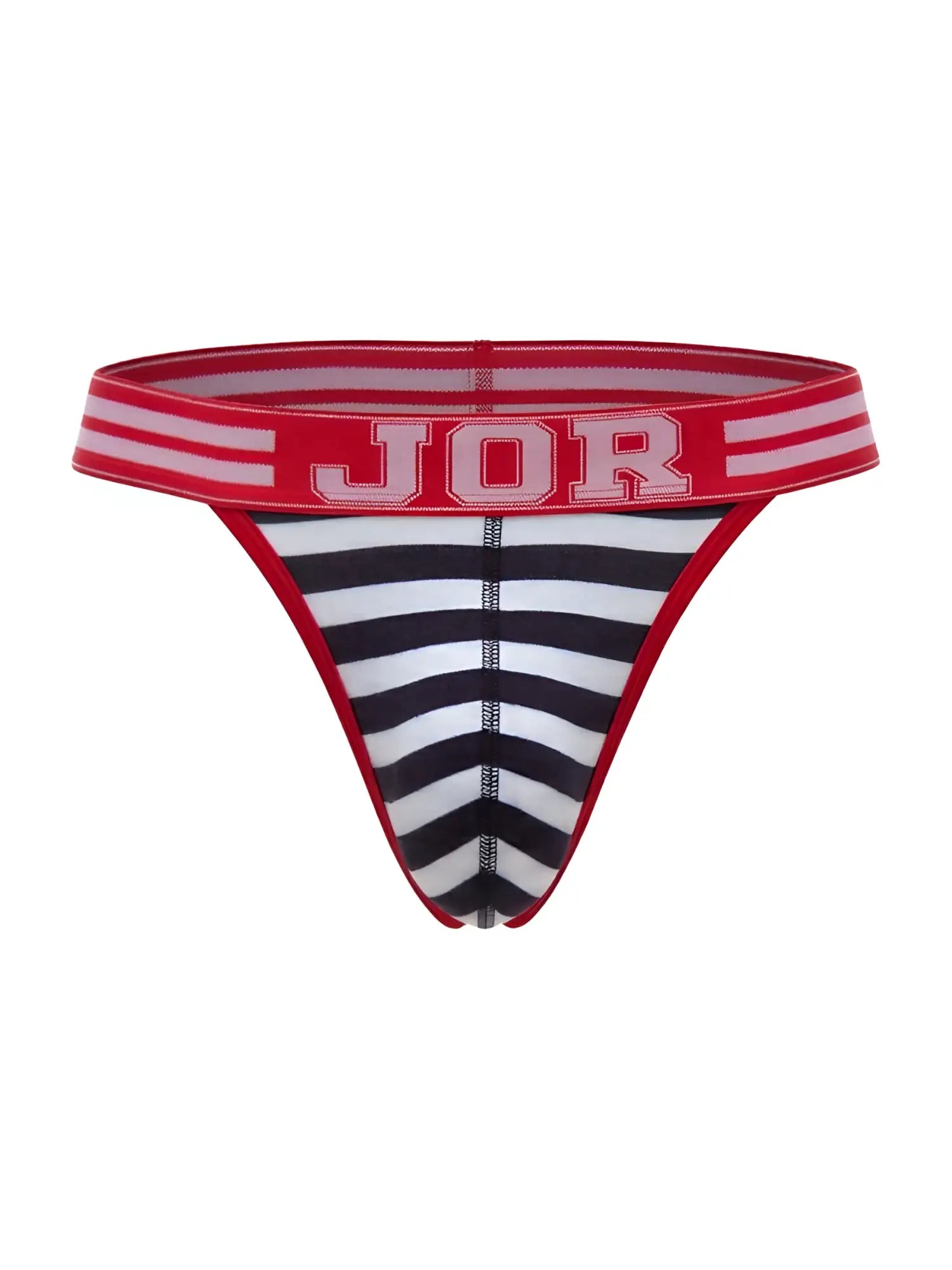 Front view of JOR 2337 Santorini thongs in a black and white striped pattern with a red JOR waistband.