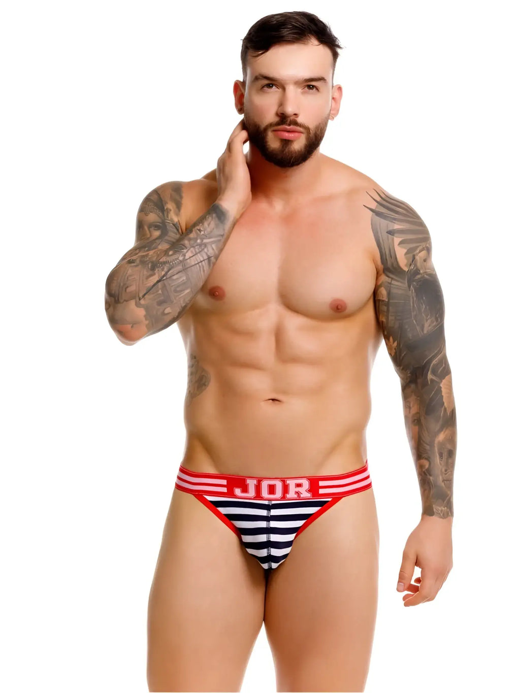 Front view of JOR 2337 Santorini Thongs in stripes on a male model.