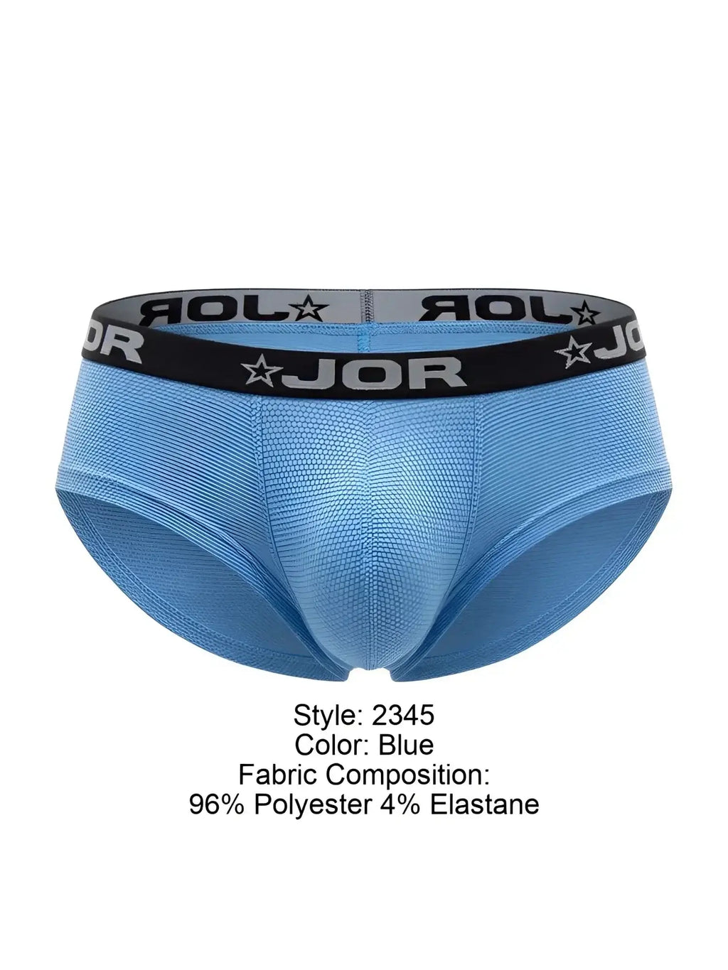 Front view of JOR 2345 Cannes trunks in blue with branded black waistband.