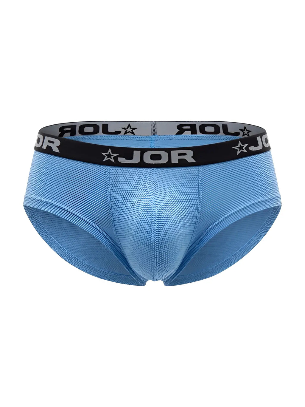 Front view of JOR 2345 Cannes blue trunks with black logo waistband.
