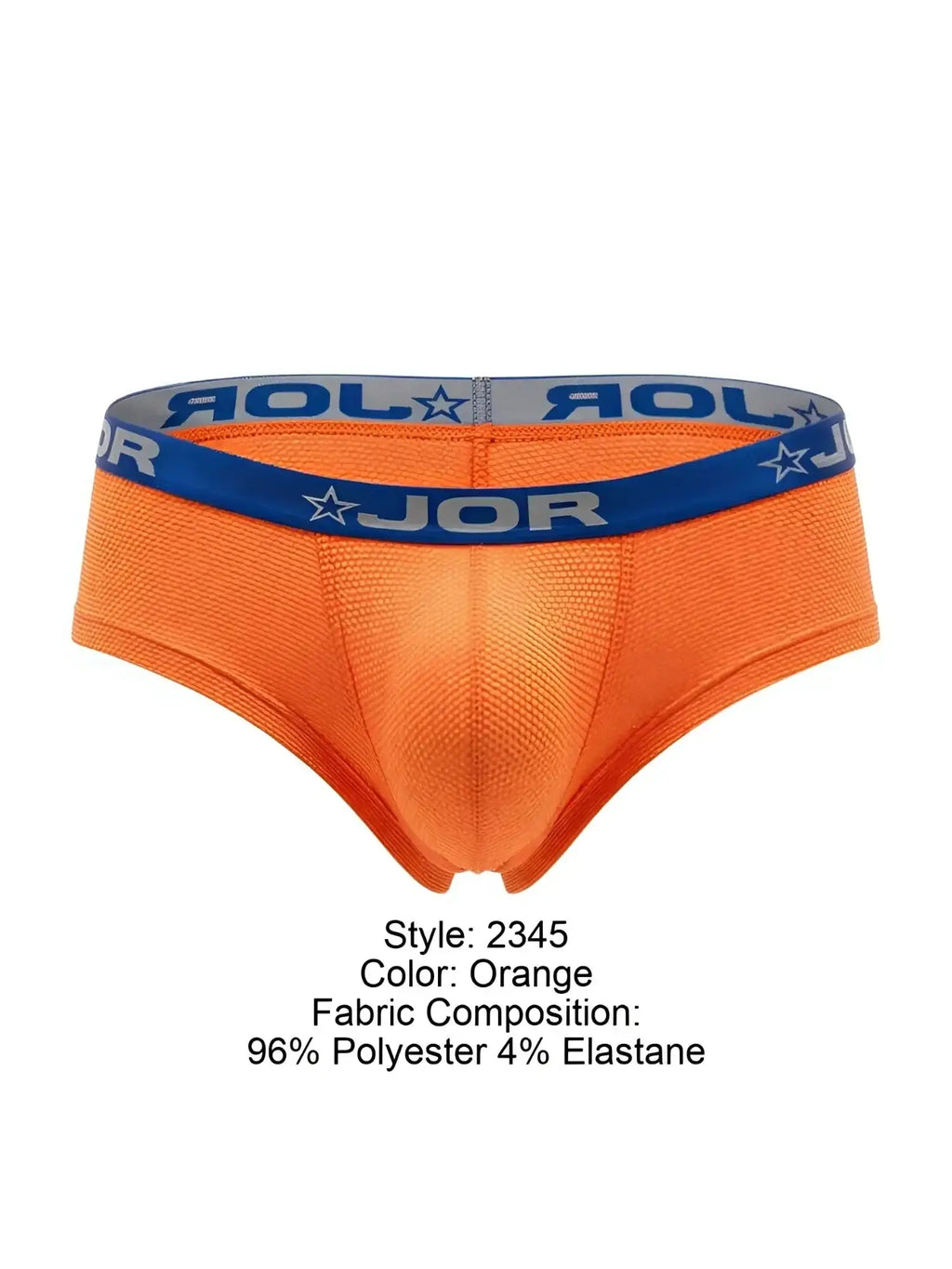 Front view of orange JOR 2345 Cannes trunks with a blue logo waistband.