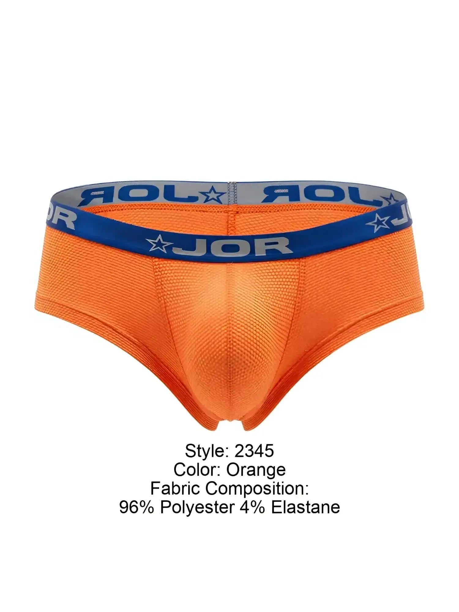 Front view of orange JOR 2345 Cannes trunks with a blue logo waistband.