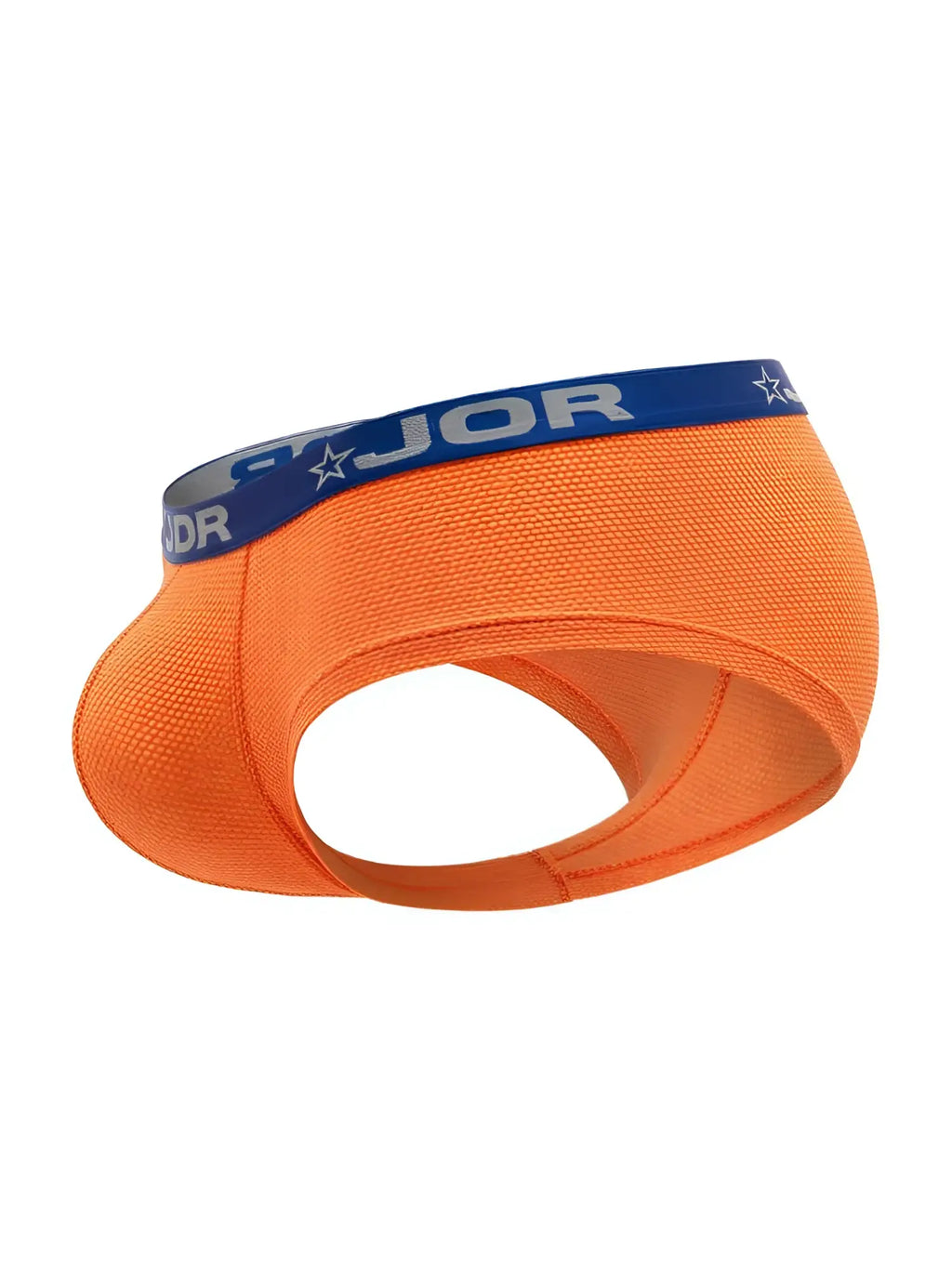 JOR 2345 Cannes trunks in orange: side view of the men's underwear with blue branded waistband.