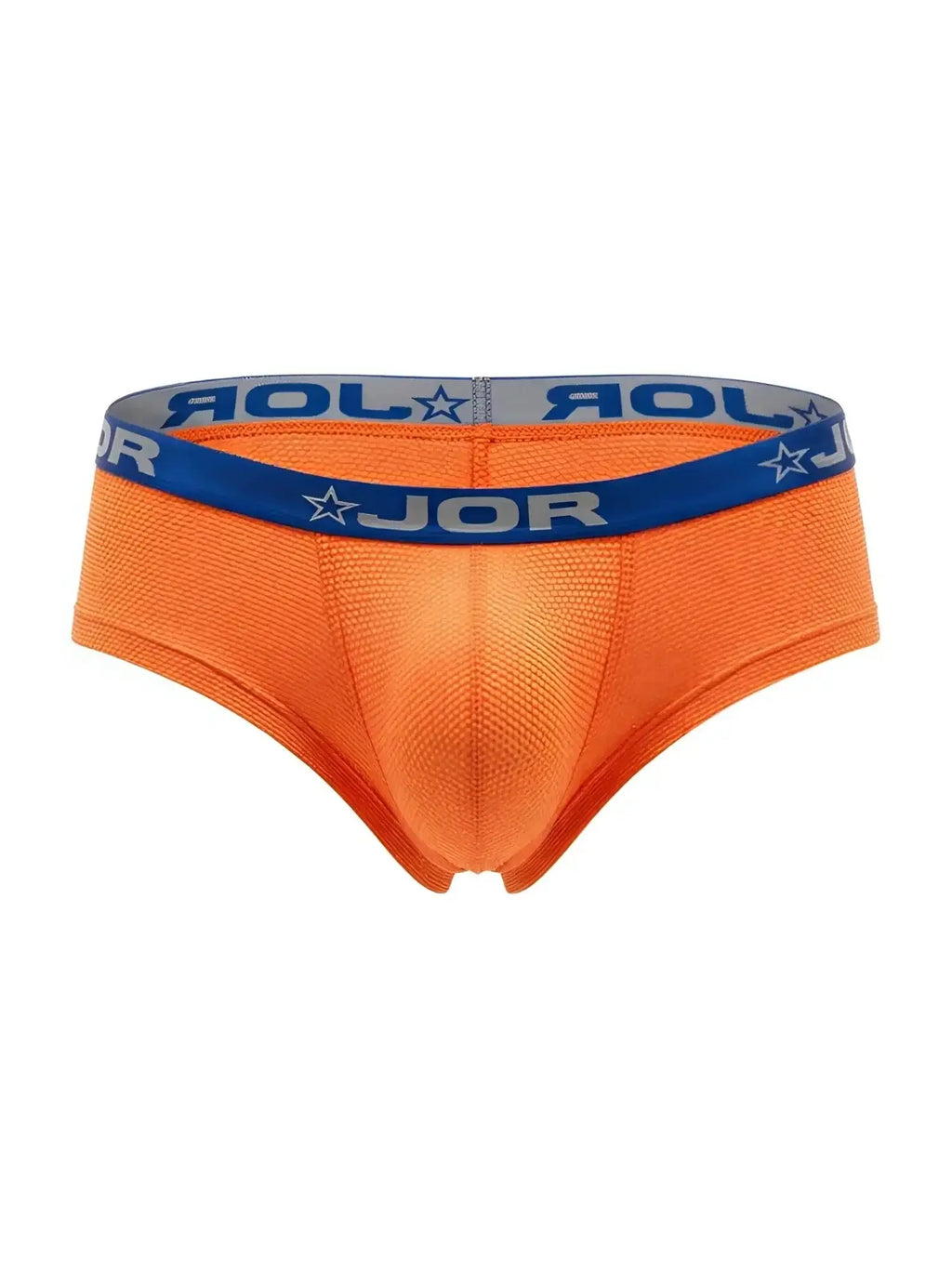 Front view of orange JOR 2345 Cannes trunks with blue branded waistband.