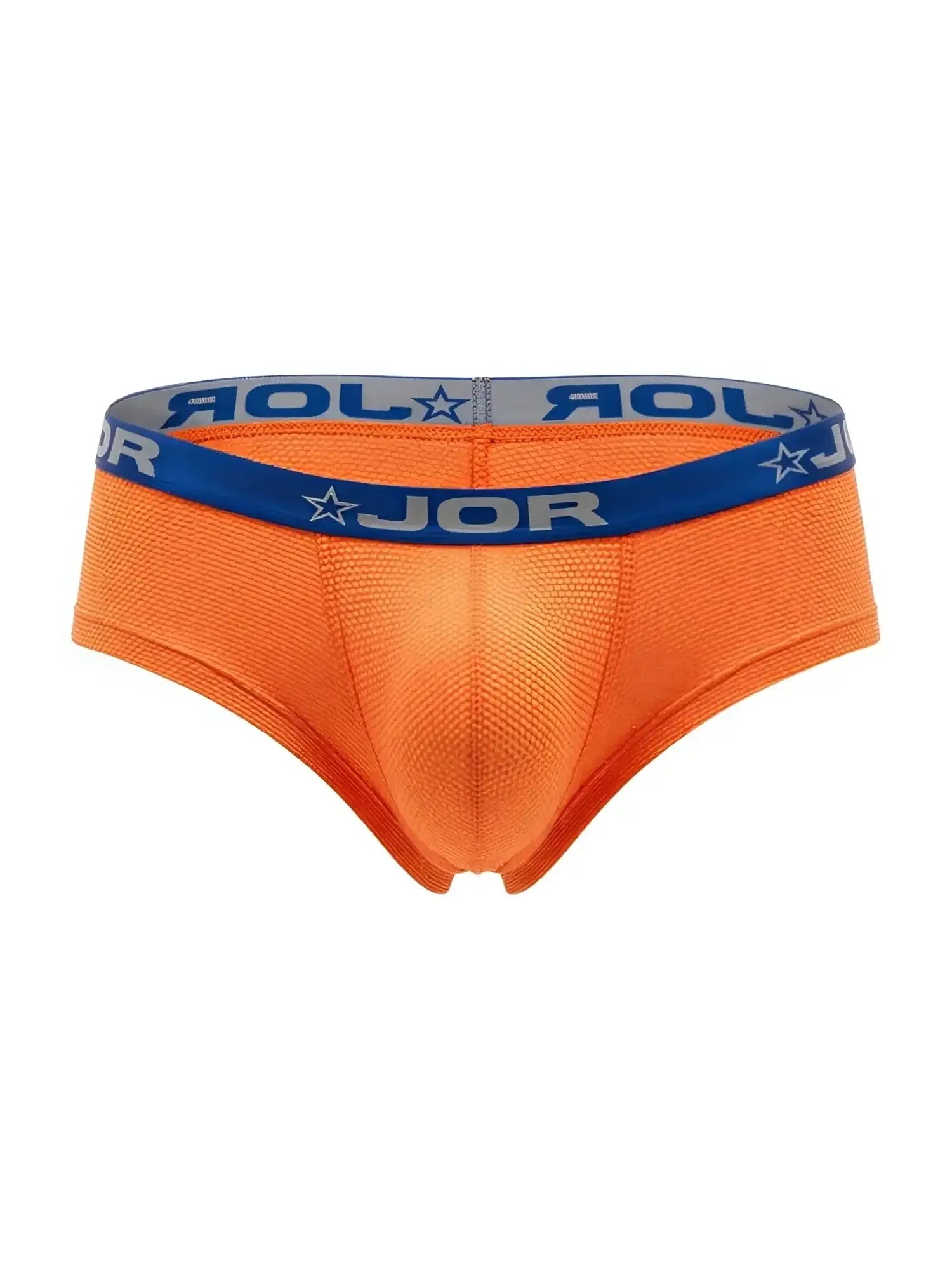 Front view of orange JOR 2345 Cannes trunks with blue branded waistband.