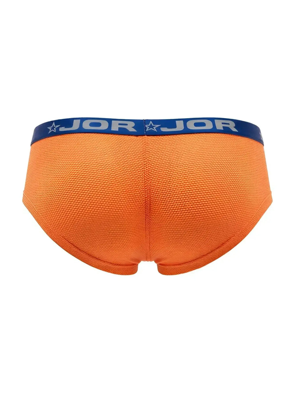 Back view of JOR 2345 Cannes trunks in orange with blue branded waistband.