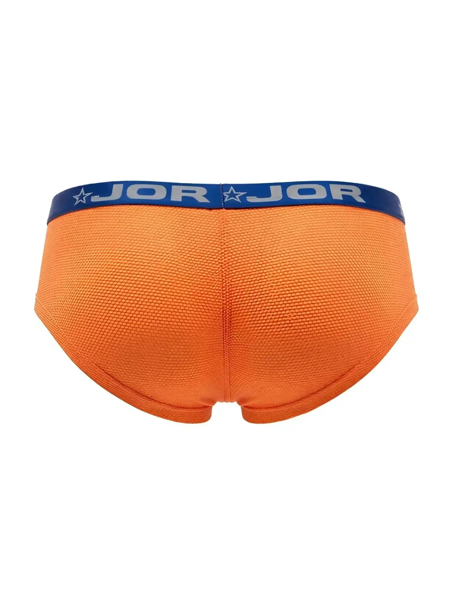 Back view of JOR 2345 Cannes trunks in orange with blue branded waistband.