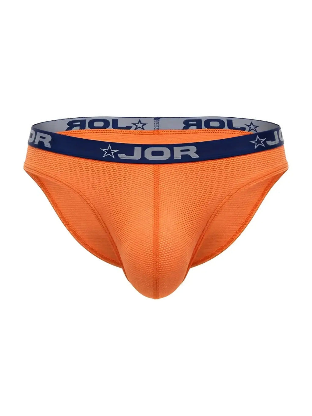 Front view of JOR 2346 Cannes bikini in orange with a blue logo waistband.