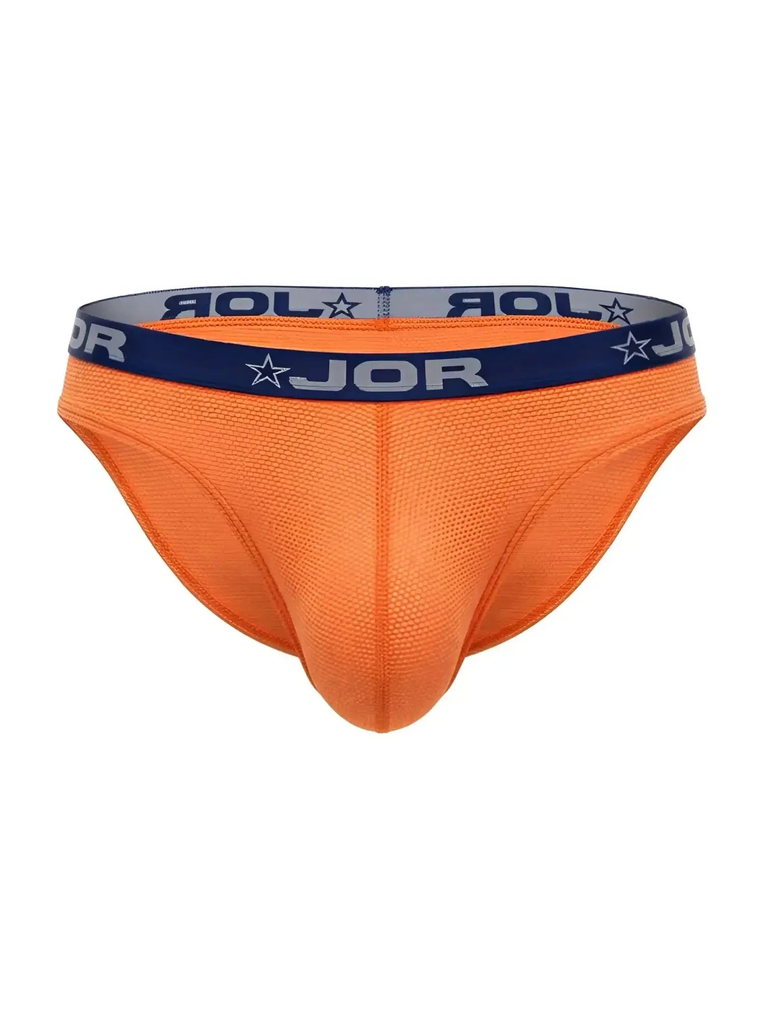 Front view of JOR 2346 Cannes bikini in orange with a blue logo waistband.