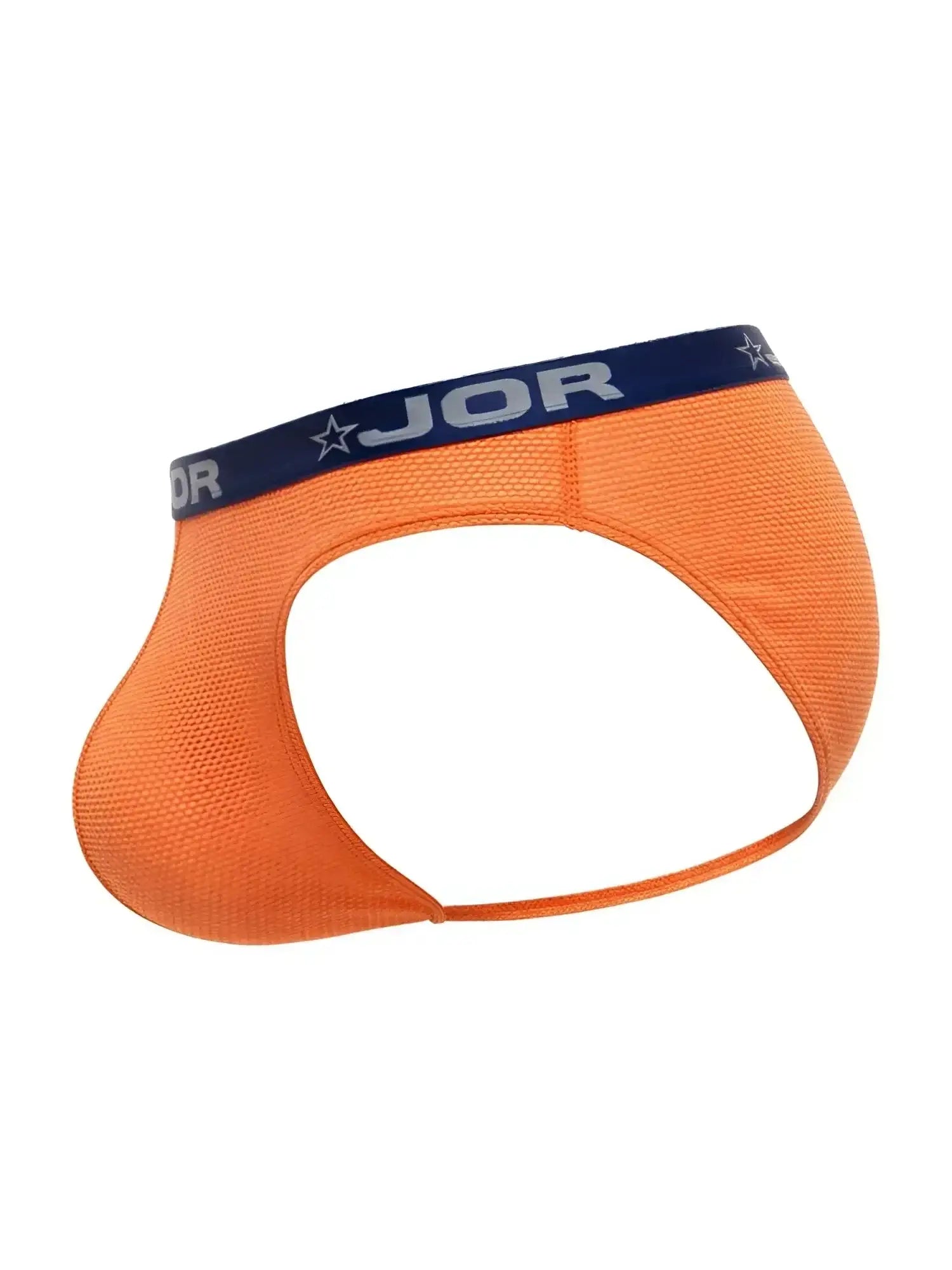 Side view of the orange JOR 2346 Cannes bikini underwear with a navy branded waistband.