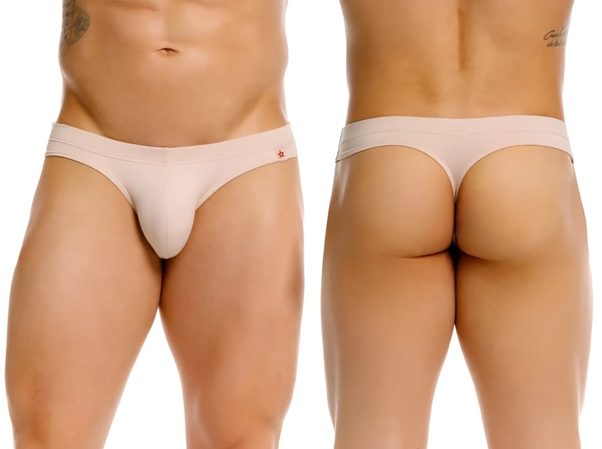 Front and back view of the JOR 2349 beige invisible thong on a model.