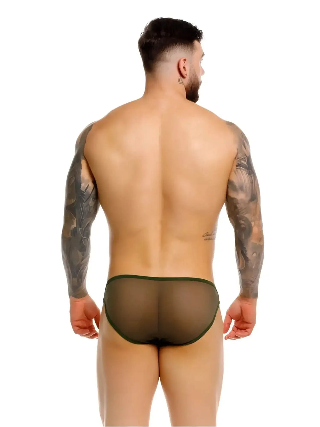 JOR 2353 Origin Bikini in green, rear view showcasing sheer fabric on a tattooed male model.