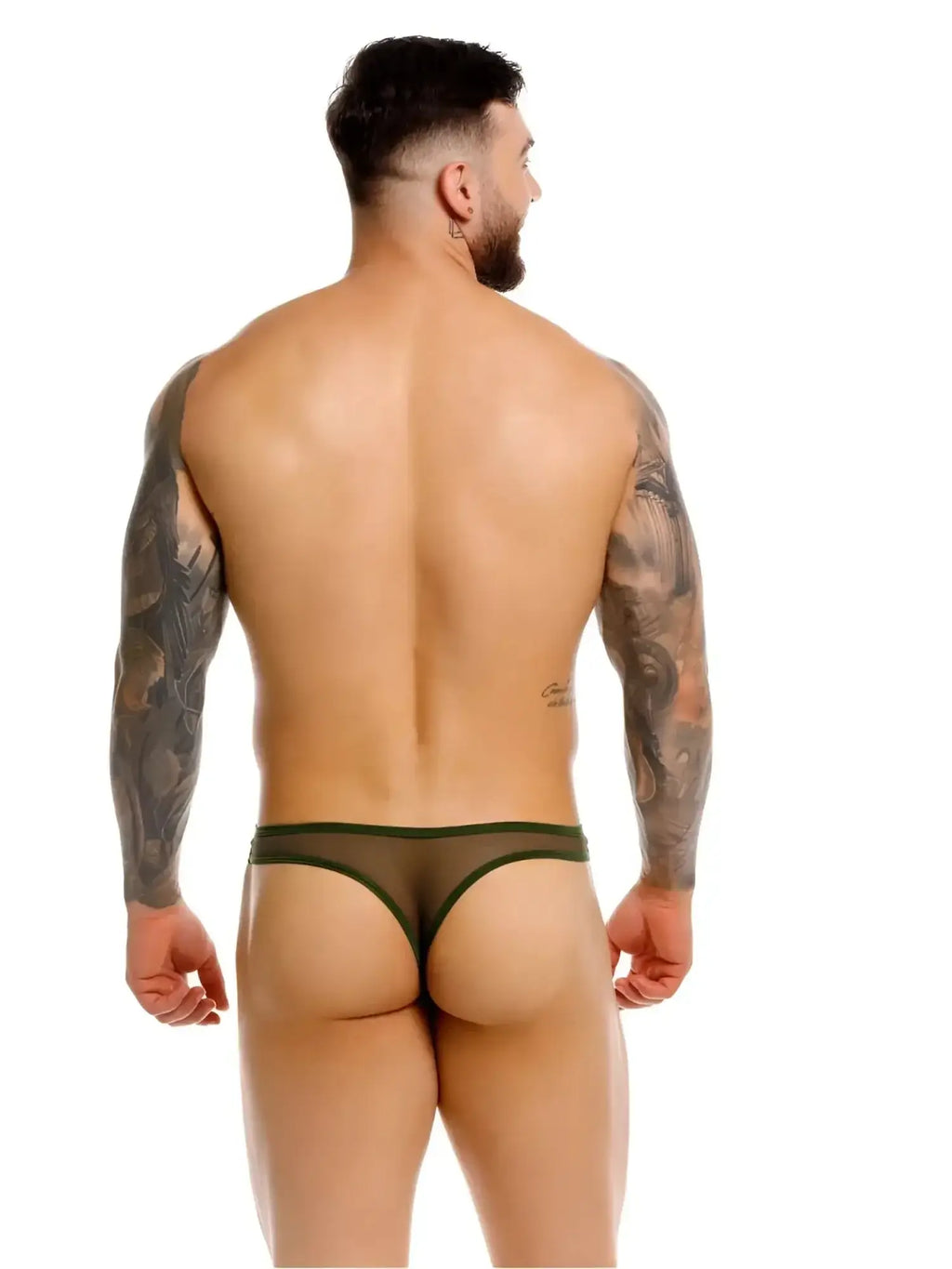 JOR 2354 Origin Thong in green, rear view showing model wearing the G-string underwear.