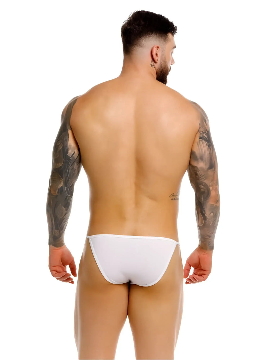 Back view of a man wearing JOR 2358 Axel white bikini underwear.