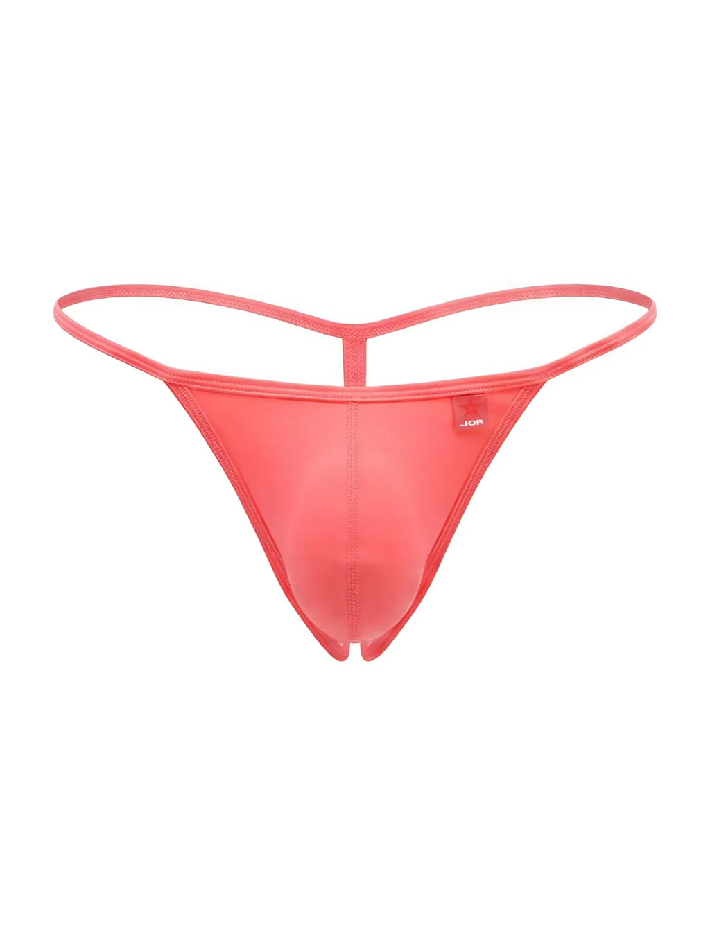 Coral red men’s thong in soft, smooth microfiber fabric with a minimalist athletic style and small JOR logo tag.
