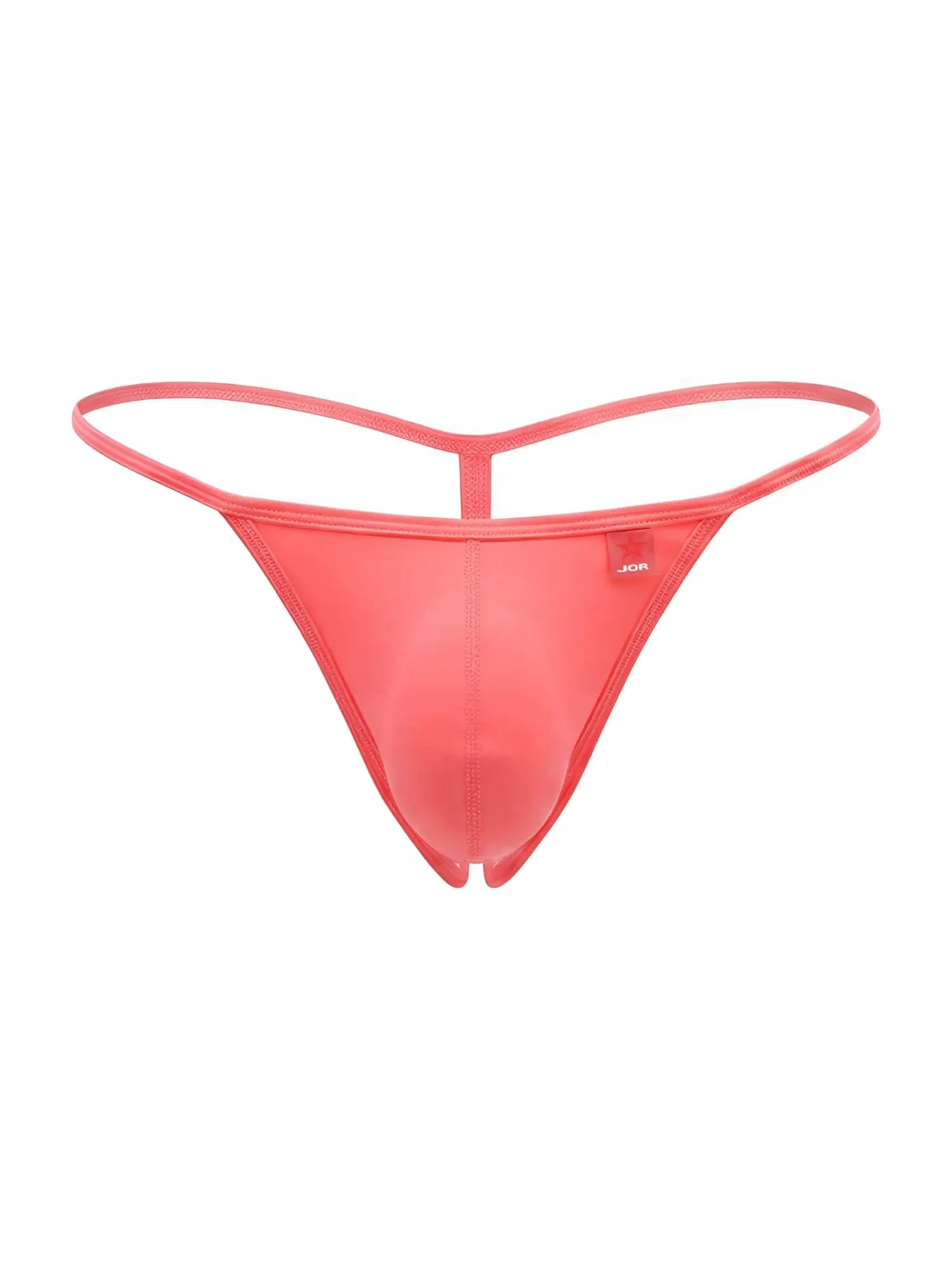 Coral red men’s thong in soft, smooth microfiber fabric with a minimalist athletic style and small JOR logo tag.