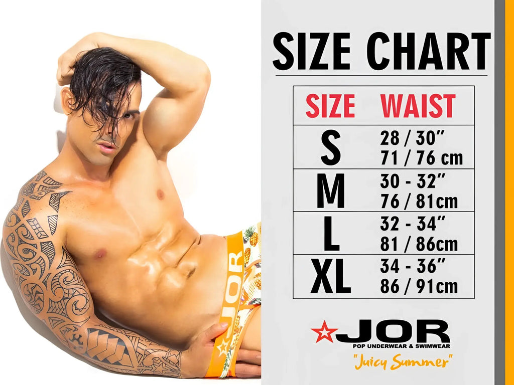 Lifestyle shot of a model wearing JOR 2359 Axel G-String in white, next to a size chart.