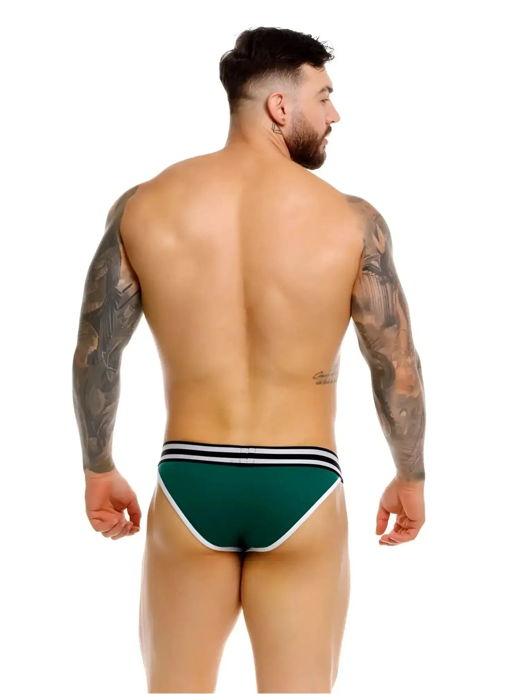 Back view of JOR 2362 Rush green bikini underwear on a tattooed model.